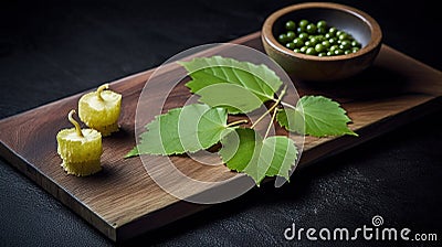 a wooden cutting board topped with green beans and a bowl filled with green peas next to a leafy green apple on top of a wooden Stock Photo