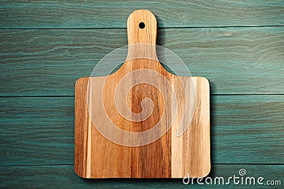 Wooden cutting board, tray on table Stock Photo