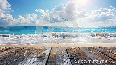 A wooden deck overlooking the ocean and a beach, AI Stock Photo