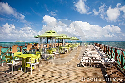Wooden deck in San Andres Island beach in the caribbean Stock Photo