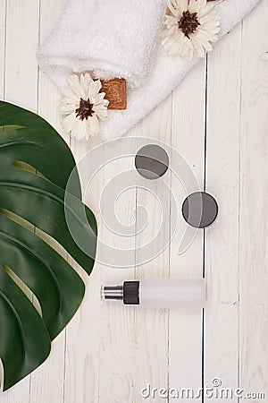 Wooden decorative background green leaf cosmetics for soap bathroom accessories Stock Photo