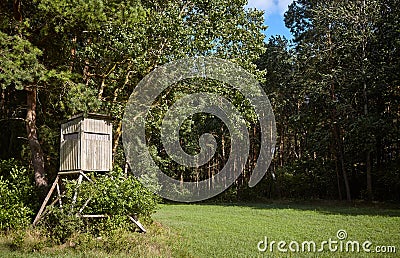 Wooden deer stand on forest edge Stock Photo