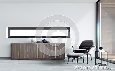 Wooden designer chest of drawers with bronze handles and an adjacent armchair. Contemporary style, panoramic window Stock Photo