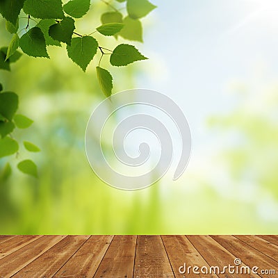 Wooden desk against beauty natural backgrounds Stock Photo