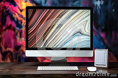 Wooden desk with computer, keyboard, mouse on abstract background. Wooden table with digital device, display, electronic Stock Photo