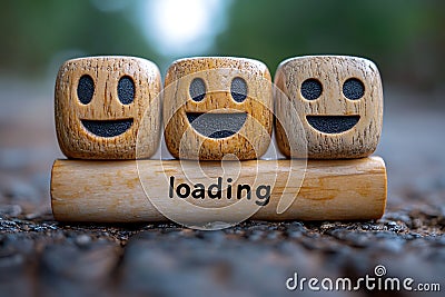 Wooden Dice with Smiling Faces Stacked on a Log with Loading Text on Wood Texture Stock Photo