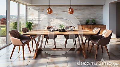 a wooden dining table and chairs in a clean, well-lit environment with a white background Stock Photo