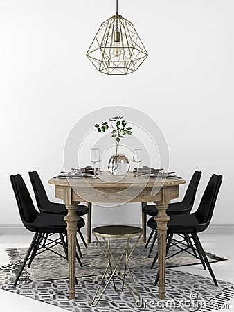 Wooden dining table and modern black chairs Stock Photo