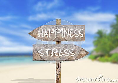 Wooden direction sign happiness or stress Stock Photo