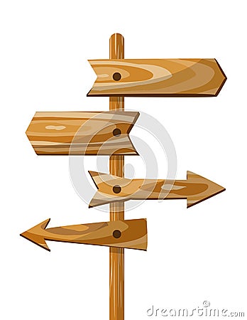 Wooden direction signpost. Vector way wood directional arrow board signs Vector Illustration