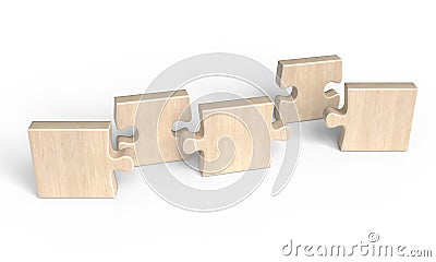 Five disconnected pieces of wooden puzzle isolated on white. 3d illustration Stock Photo