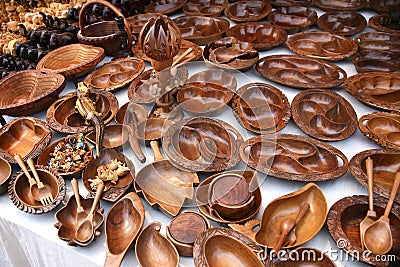 Wooden dishes and souvenirs Stock Photo