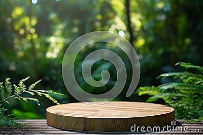 Wooden Display Plinth in Lush Garden Stock Photo