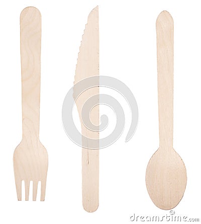 Wooden disposable cutlery for take-away meals. Ecological accessories used in the fast food bar Stock Photo