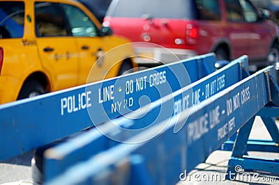 Wooden Do Not Cross police barriers in New York Stock Photo