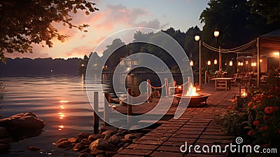 Wooden dock at dusk serene lakeside scene with twinkling stars and full moon reflections Stock Photo