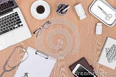 Wooden doctor desk background, horizontal medical concept copy s Stock Photo