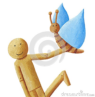 Wooden doll with butterfly Cartoon Illustration