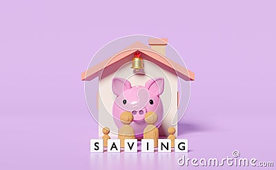 Wooden doll figures with house, family, piggy bank isolated on pink background. happy family, saving money, fund, interest concept Cartoon Illustration