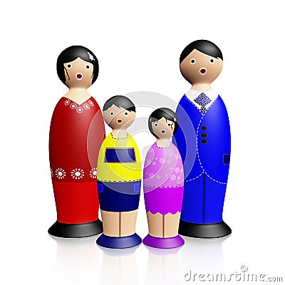 Wooden Dolls Family Cartoon Illustration