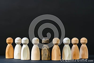 Wooden Dolls Standing Together in Group. Generative AI. Stock Photo
