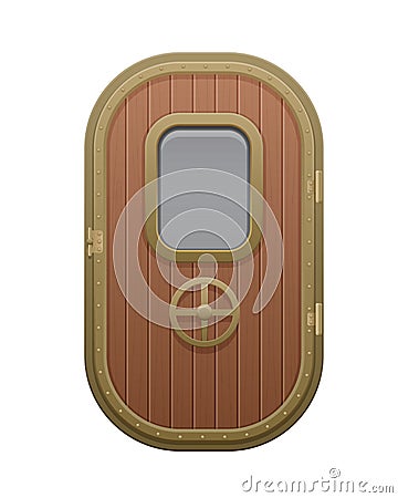 Wooden door with glazed rectangular window porthole. Vector Illustration