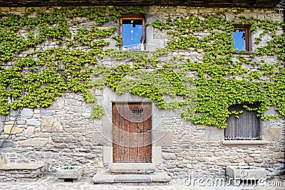 Wooden door in old medieval stone house, green ivy on the house over the door, Rupit, Spain. Magic house from wonderland Stock Photo