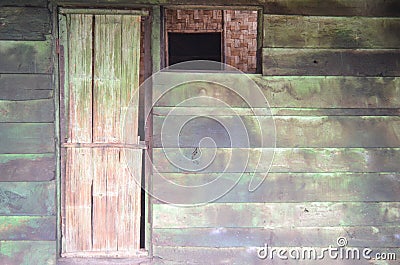 Wooden door and window of green wooden cottage. Stock Photo