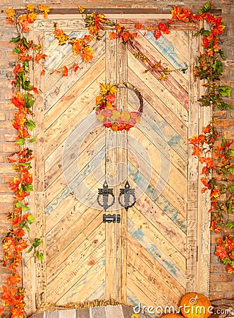 Wooden doors with autumn yellow leaves, pumpkins, autumn. Stock Photo