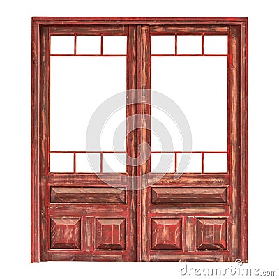 Wooden double glazed door without the glass isolated on white Stock Photo