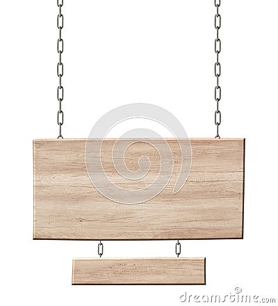 Wooden double sign made of light wood hanging on chains Stock Photo