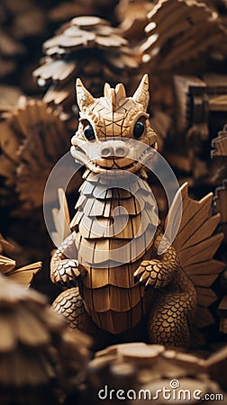 A wooden dragon is sitting on top of a pile of wood, AI Stock Photo