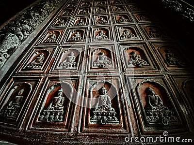 Wooden drawers of the library hall of the Buddhist temple of Wisdom Attained in Beijing, China Editorial Stock Photo