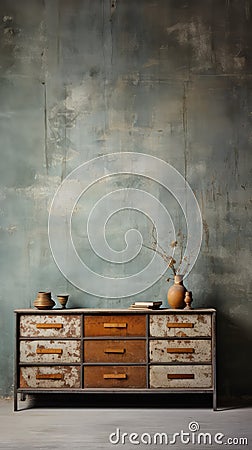 Wooden Dresser with Open Drawers and Concrete Wall - AI Generated Stock Photo