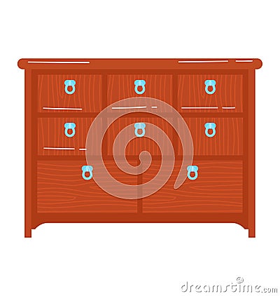 Wooden dresser with six drawers, blue handles, flat design. Simple furniture illustration, interior design element Vector Illustration