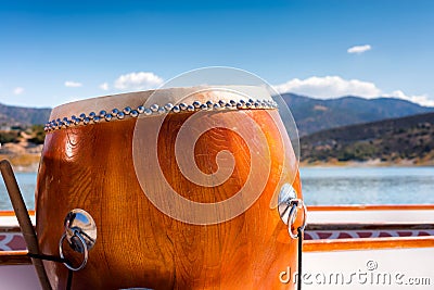 Wooden drum on a dragon boat, closeup Stock Photo