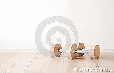 wooden dumbbells on a light wooden floor on light sports hall background Stock Photo
