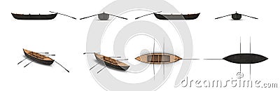 Wooden Durham Boat on white. Top view. 3D illustration Cartoon Illustration