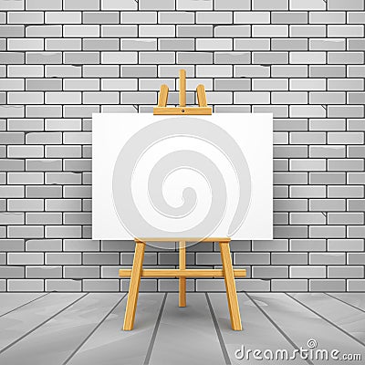 Wooden easel canvas board isolated stand in front wall. Blank empty vector easel poster billboard Vector Illustration