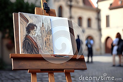 Wooden easel close up of painting of street artist, Public par as background, focus on foreground Stock Photo