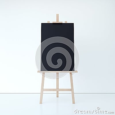 Wooden easel with empty black canvas. 3d rendering Stock Photo