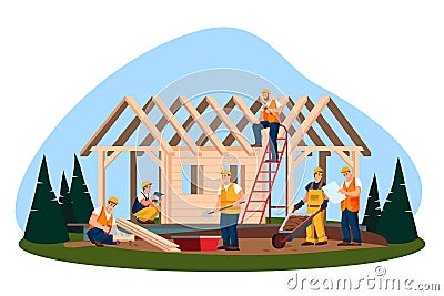 Wooden eco house construction. Vector flat illustration. Workers and builders building house or cottage in forest Vector Illustration