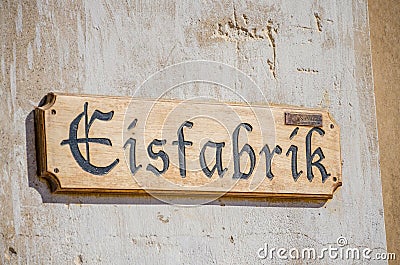 Wooden Eisfabrik or ice factory sign at ghost town Kolmanskop near Luderitz, Namibia, Southern Africa Editorial Stock Photo