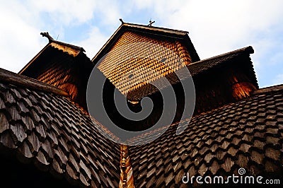 Wooden elements of the stave church, Norway Stock Photo