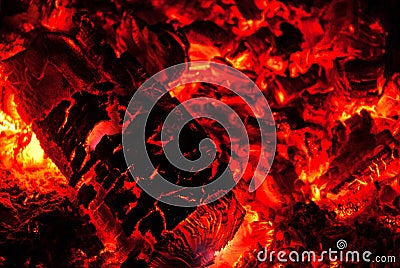 Fiery Abstract: Hot Embers Glowing and Burning in Old Oven (Close-Up) Stock Photo