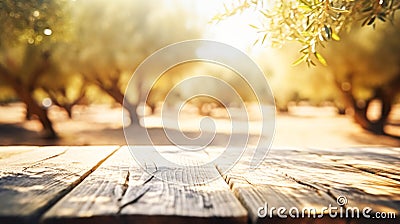 Wooden empty table top, texture board panel against the backdrop of green olive orchard trees, defocused olive trees Cartoon Illustration