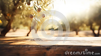 Wooden empty table top, texture board panel against the backdrop of green olive orchard trees, defocused olive trees Cartoon Illustration