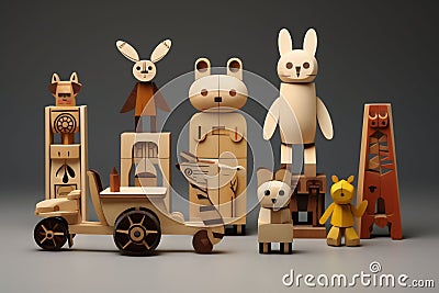 Wooden engineering construction with wood animals a children's toy for building and playing. Brain and skill Stock Photo