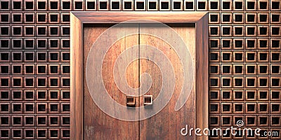 Wooden entrance door on geometric square shape pattern background texture. 3d illustration Cartoon Illustration