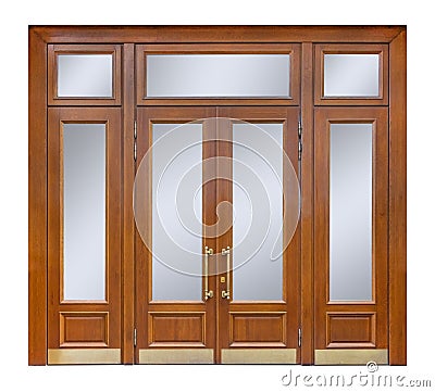 Wooden entry with clear glass windows and double door with long gilded handles, isolated on white background Stock Photo